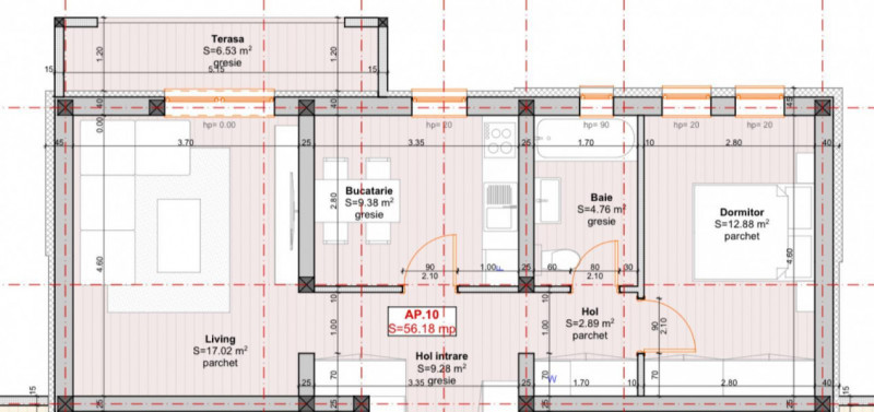 Apartament 2 camere, 56 mp, decomandat, etaj 2, in Giroc